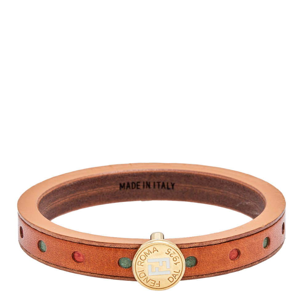 FENDI Wood Leather Multi Color Gold Tone Metal Bangle Bracelet - Picture 1 of 8